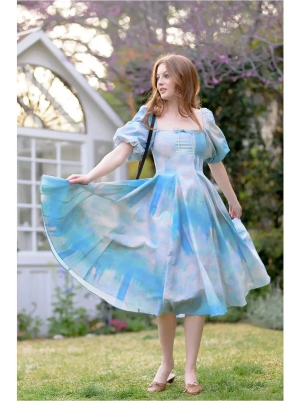 Selkie Pastel Blue Watercolor Puff Sleeve Midi Dress